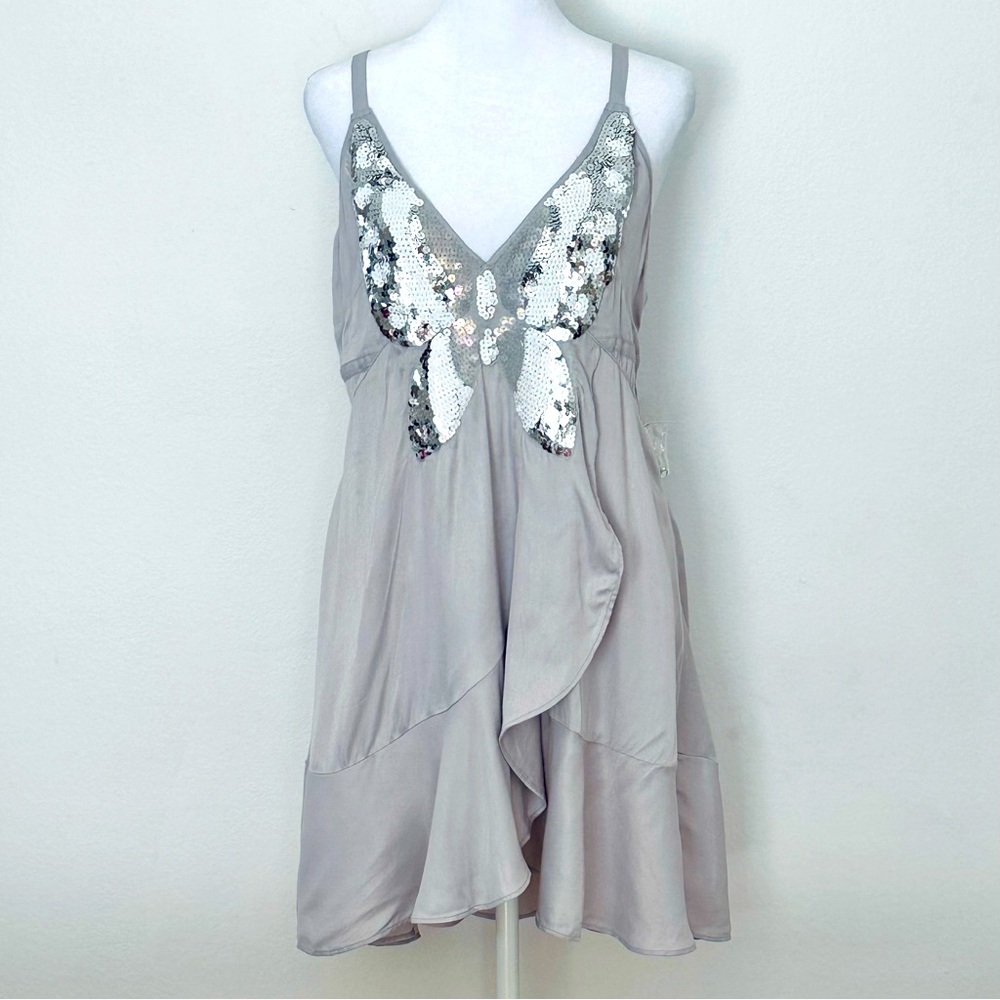 Silver Gray Sequin Butterfly Slip Dress